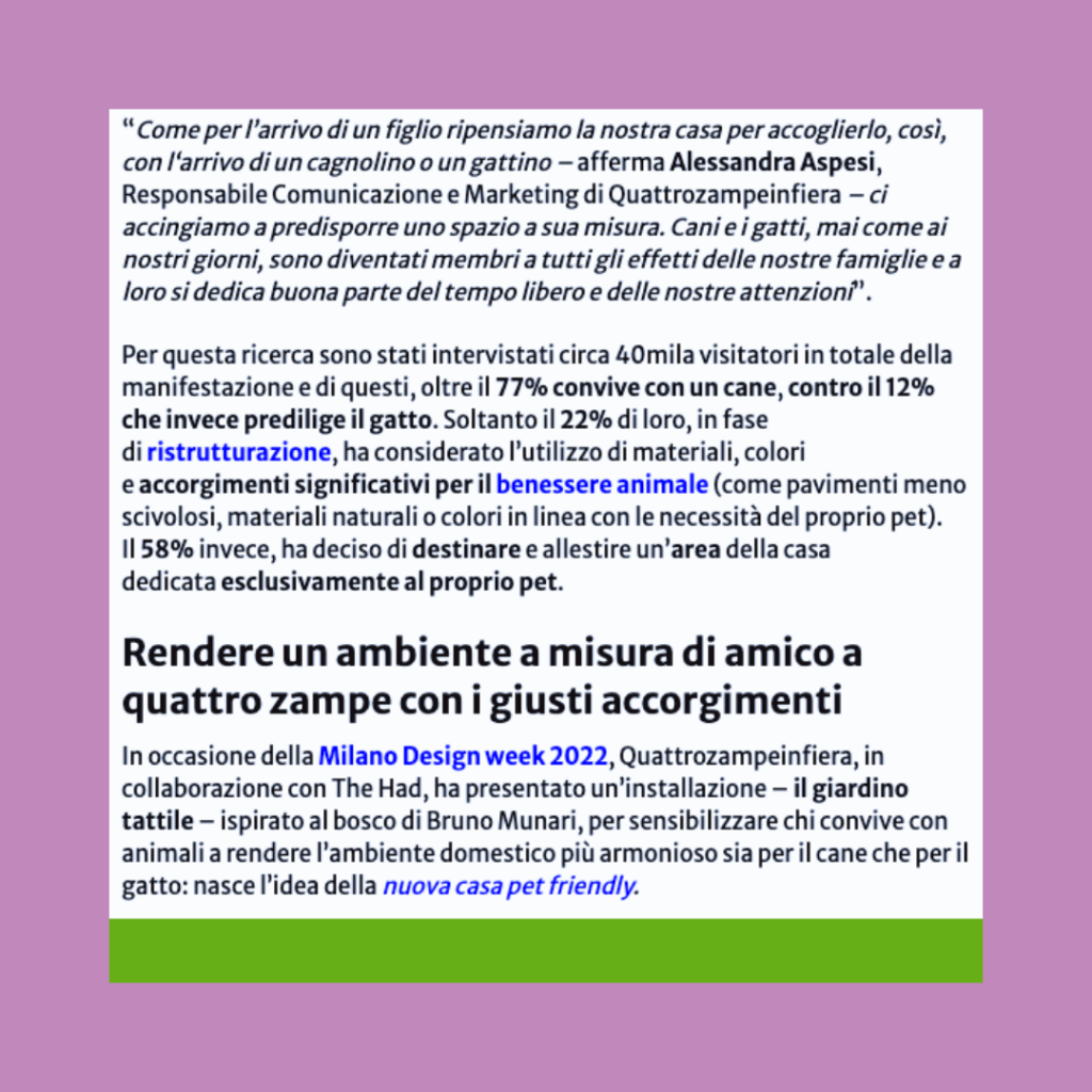 2022. Gli italiani e l’ambiente domestico Pet Friendly. Cose di Casa.com